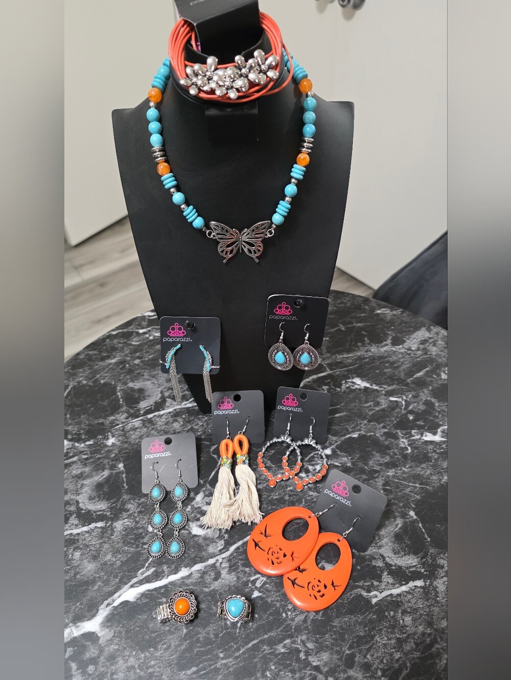 Turquoise & Orange Butterfly Beaded Necklace and extras. Paparazzi Jewelry